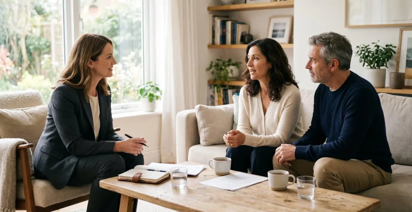 Conseillère patrimoniale discutant avec un couple dans un salon moderne et lumineux