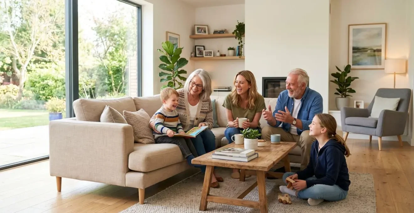 Famille multigénérationnelle souriante réunie dans un salon lumineux, avec jeune couple, enfants et senior partageant un moment convivial