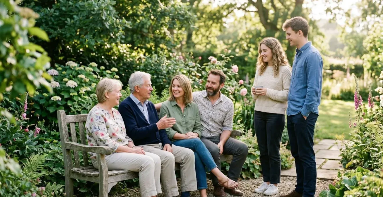 Famille de trois générations réunie dans un jardin, échangeant dans une atmosphère sereine