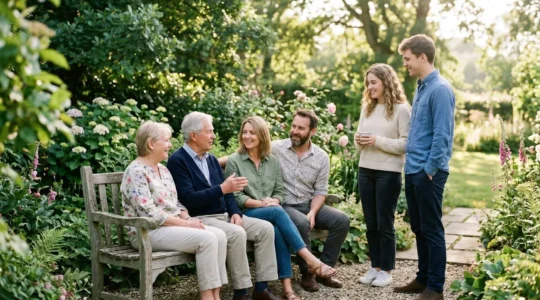 Famille de trois générations réunie dans un jardin, échangeant dans une atmosphère sereine