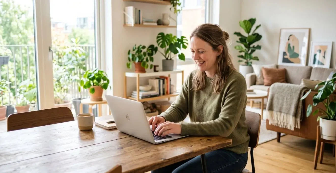 Femme souriante d'environ 38 ans utilisant son ordinateur portable dans un salon lumineux pour comparer des offres de mutuelle santé